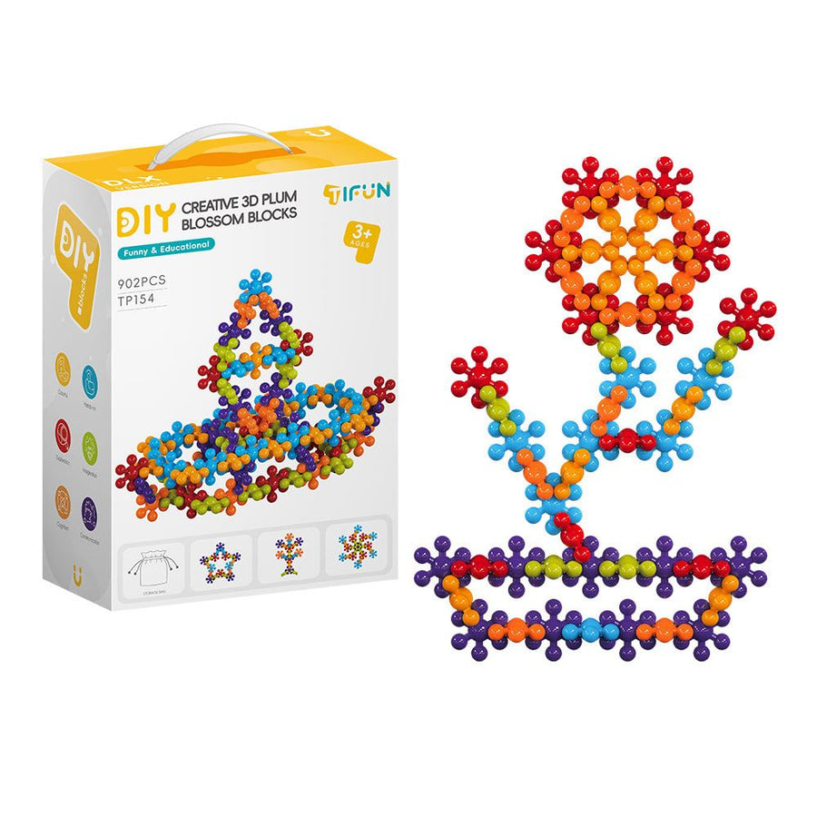 3D Plum Blossom Building Blocks for Kids – DIY Creative Puzzle Toy for Ages 3+ with 112, 302, or 902 Pieces, Safe Plastic, Reusable Storage Bag, and Idea Guide for Endless Fun (302PCS)