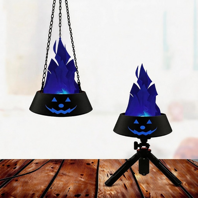 LED Halloween Jack-o'-Lantern Flame Effect Lamp with Dancing Silk Fabric Flame, Rechargeable Atmosphere Light for Party, Bar, Camping, and Home Decor, Dual Color Options Available (Black, Blue Flame)