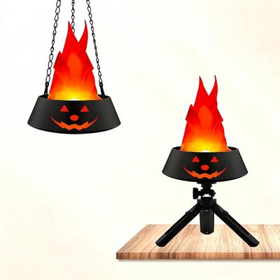 LED Halloween Jack-o'-Lantern Flame Effect Lamp with Dancing Silk Fabric Flame, Rechargeable Atmosphere Light for Party, Bar, Camping, and Home Decor, Dual Color Options Available (Black, Orange Flame)