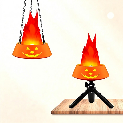 LED Halloween Jack-o'-Lantern Flame Effect Lamp with Dancing Silk Fabric Flame, Rechargeable Atmosphere Light for Party, Bar, Camping, and Home Decor, Dual Color Options Available (Orange, Orange Flame)