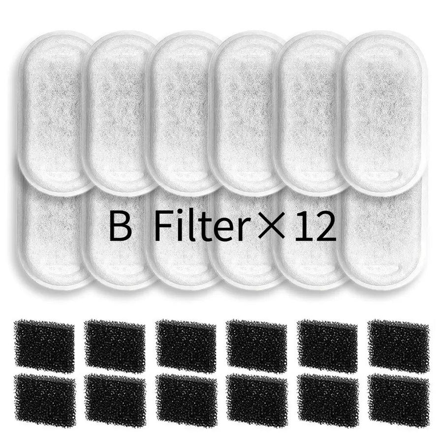 Replacement Pet Water Fountain Filter Kit with Runway Filter, Round Foam, and Square Activated Carbon Pad for Clean, Fresh Drinking Water for Cats and Dogs (B Filter×12)