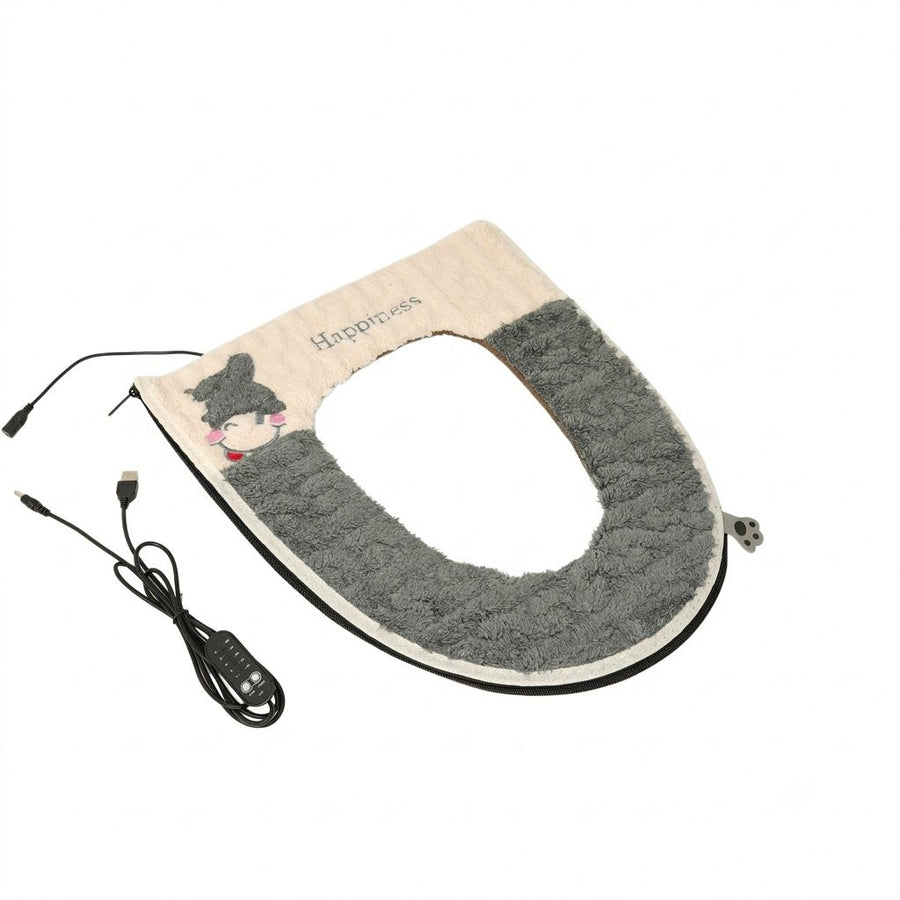 USB-Powered Heated Toilet Seat Cover with Soft Plush and Waterproof PU Leather, Adjustable Temperature and Timer, Easy-Clean Design for Warm and Cozy Bathroom Experience (Grey)