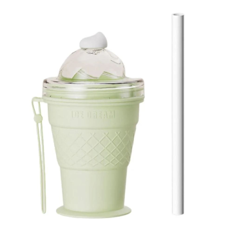 Silicone Ice Cream Cone Ice Cube Tray & Collapsible Cup – Make Sphere Ice Balls Easily, One-Click Release, Portable Reusable Freezer Mold for Smoothies, Juices, Cocktails and Outdoor Camping Drinks (Green)