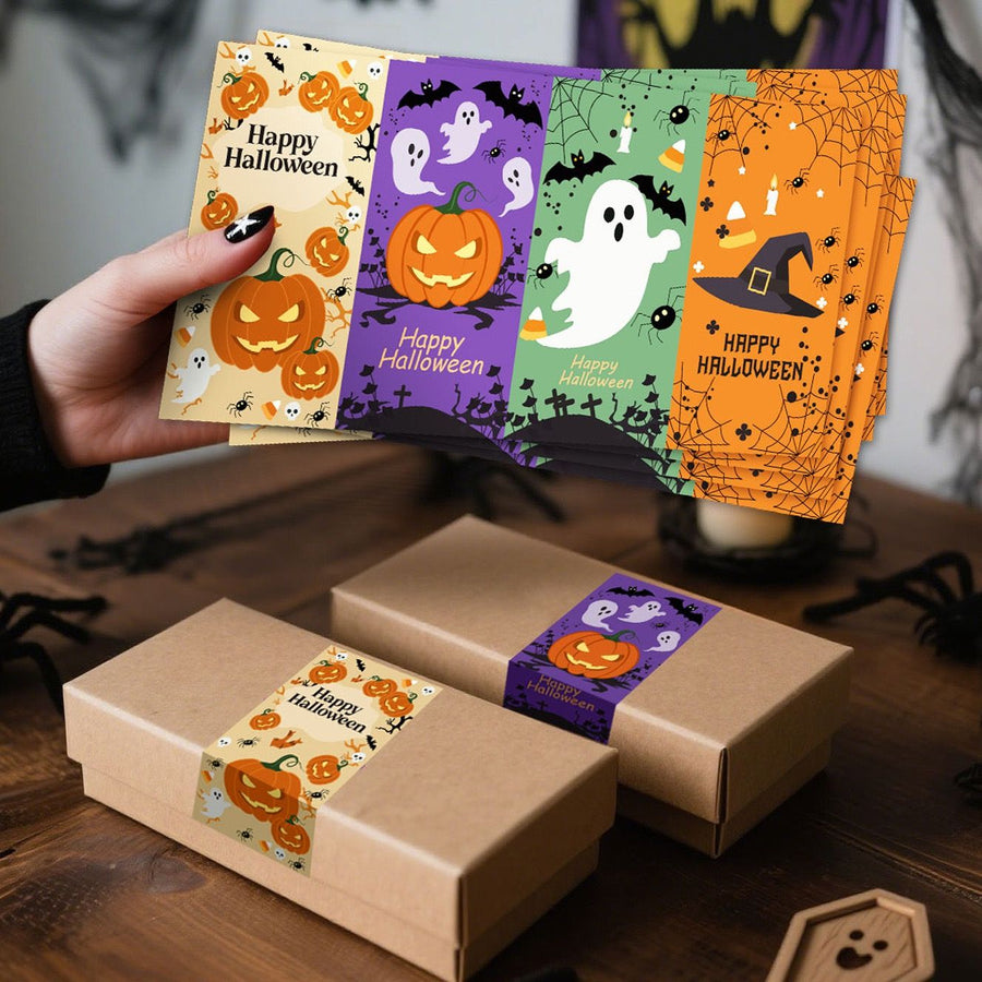 Spooky Fun Halloween Sticker Sheets for Gift Wrapping and Party Favors – 25 Sheets of 100 Adhesive Stickers with Pumpkins, Ghosts, Witches and Bats, Perfect for Bag Sealing and Seasonal Decor (25PCS)