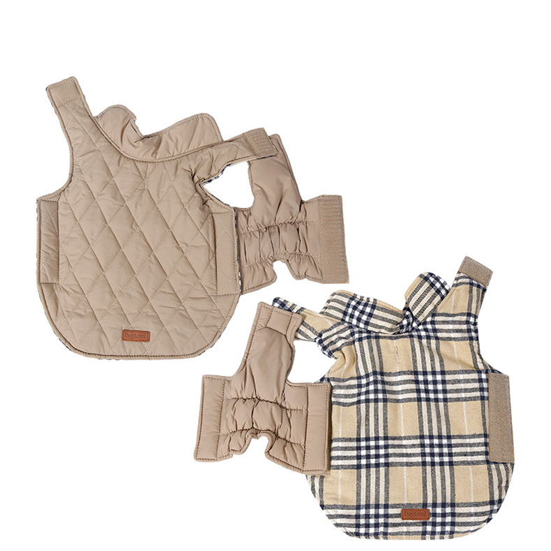 Reversible Winter Dog Coat with Plaid and Quilted Sides, Warm Cotton-Filled Vest for Outdoor Walks, Adjustable Velcro Straps for a Secure Fit (3XL, Beige)