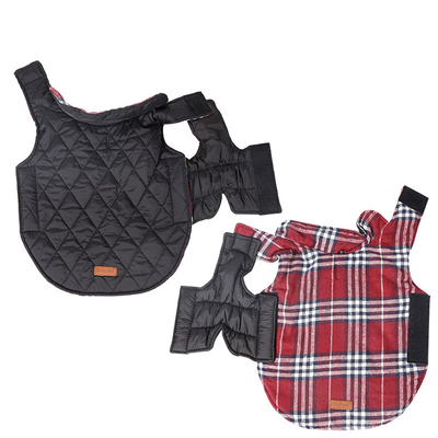 Reversible Winter Dog Coat with Plaid and Quilted Sides, Warm Cotton-Filled Vest for Outdoor Walks, Adjustable Velcro Straps for a Secure Fit (L, Red)
