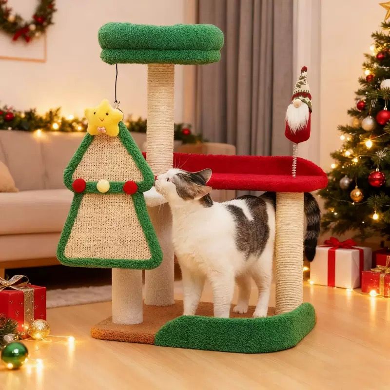 Festive Christmas Cat Tree with Multi-Level Scratching Posts, Cozy Top Perch, and Dangling Toys – A Holiday-Themed Play Center That Brings Seasonal Cheer While Satisfying Your Cat's Natural Instincts to Climb, Scratch, and Lounge (50*40*75CM)