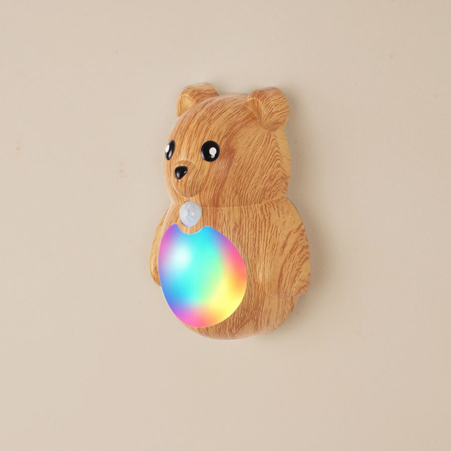 Adorable Cartoon Bear Magnetic Motion Sensor Night Light – Rechargeable LED Wall Lamp with Warm and Rainbow Glow, Cordless Stick-On Lighting for Bedroom, Hallway, Staircase, and Kitchen (Wood Grain, 2PCS)
