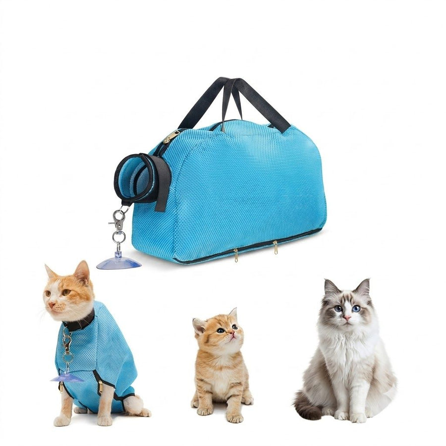 Multifunctional Air-Mesh Cat Grooming Bag with Suction Cup Fixation – Breathable, Quick-Dry, Escape-Proof Restraint for Stress-Free Bathing, Nail Trimming, Ear Cleaning, and Short-Distance Travel (Blue)