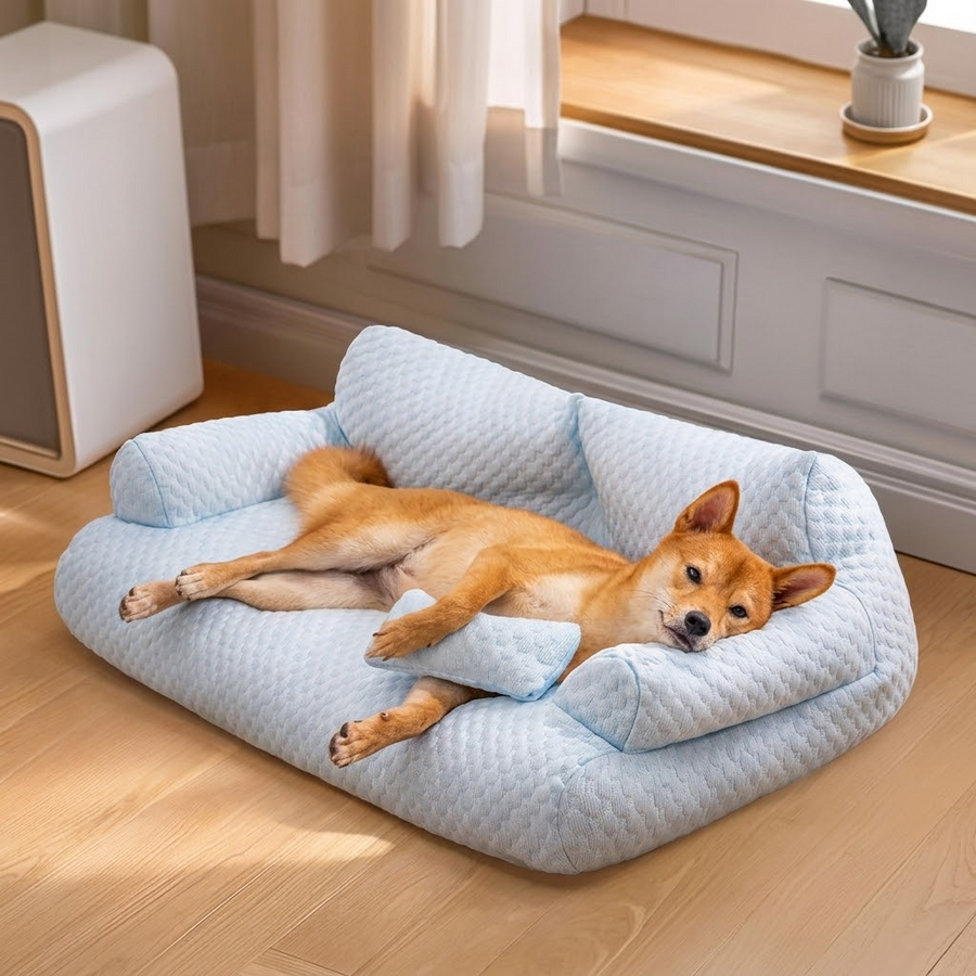 Cooling Ice Silk Pet Sofa Bed with 5D Massage Particles and Removable Washable Cover – Plush High-Resilience Pearl Cotton Filling, Non-Slip Base, Ideal Comfortable Lounge for Cats and Small Dogs All Year Round (L, Blue)