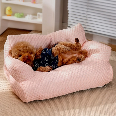 Cooling Ice Silk Pet Sofa Bed with 5D Massage Particles and Removable Washable Cover – Plush High-Resilience Pearl Cotton Filling, Non-Slip Base, Ideal Comfortable Lounge for Cats and Small Dogs All Year Round (L, Pink)