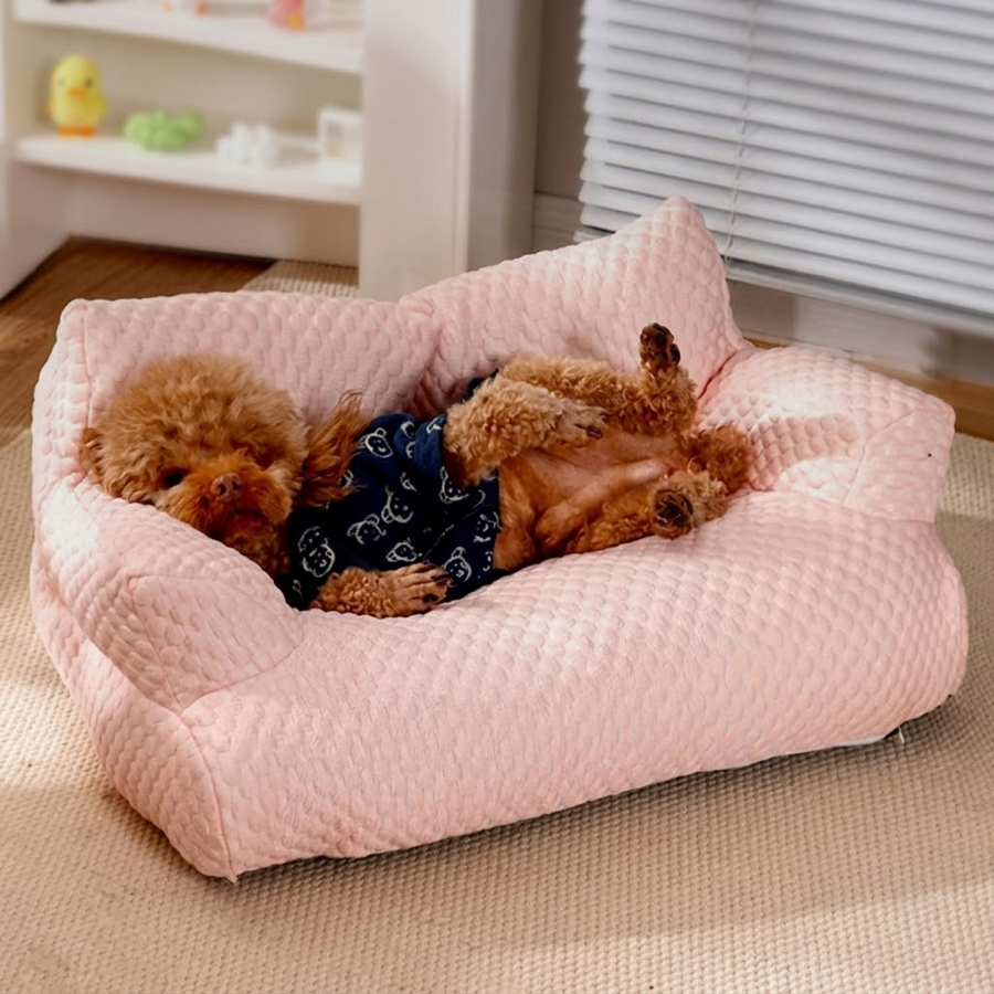 Cooling Ice Silk Pet Sofa Bed with 5D Massage Particles and Removable Washable Cover – Plush High-Resilience Pearl Cotton Filling, Non-Slip Base, Ideal Comfortable Lounge for Cats and Small Dogs All Year Round (M, Pink)