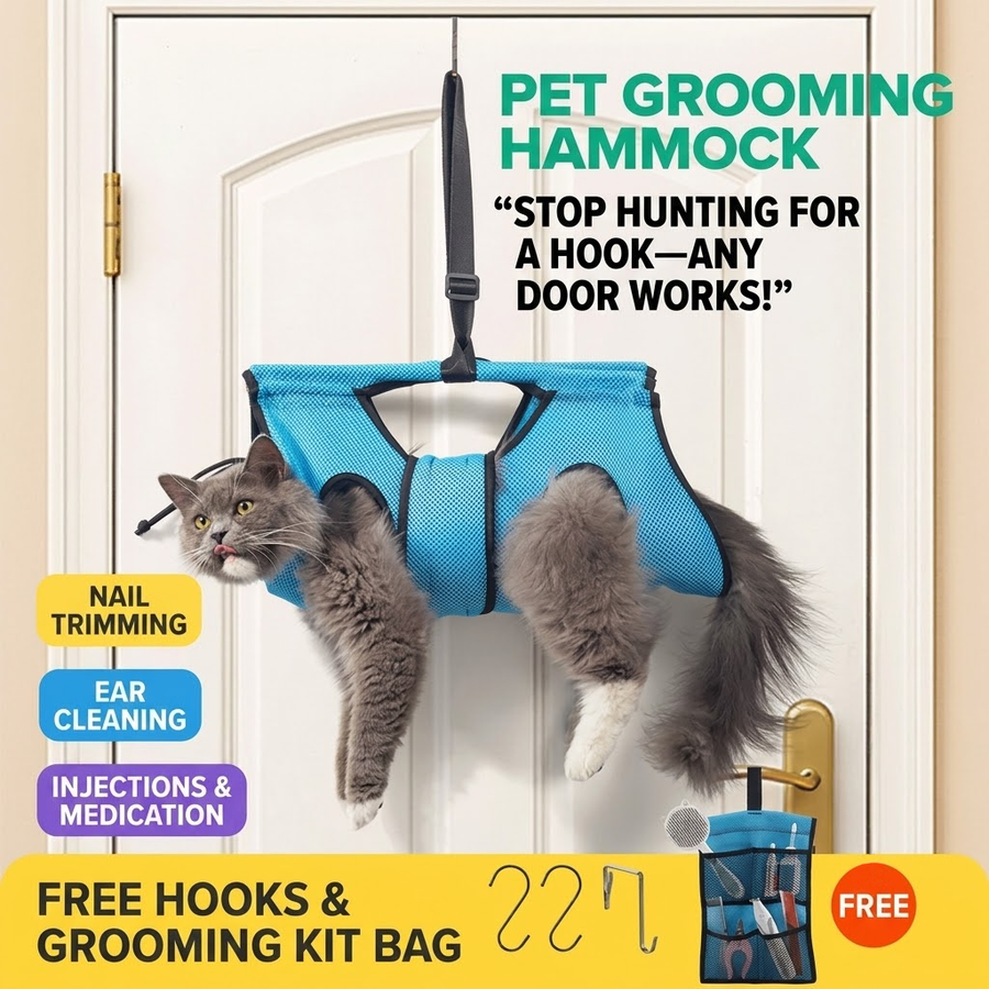 Suspended Pet Grooming Hammock with Adjustable Hanging Straps and Bonus Grooming Kit – Breathable Mesh Sling for Small Pets, Ideal for Nail Trimming, Ear Cleaning, Hair Drying, and Tear Stain Removal at Home (Blue)