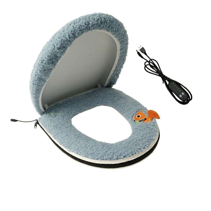 USB-Powered Heated Toilet Seat Cover Set with Soft Plush Fabric, Adjustable Temperature & Timer, Easy-to-Clean PU Leather Bottom, Suitable for Cold Season Home Use (Blue)