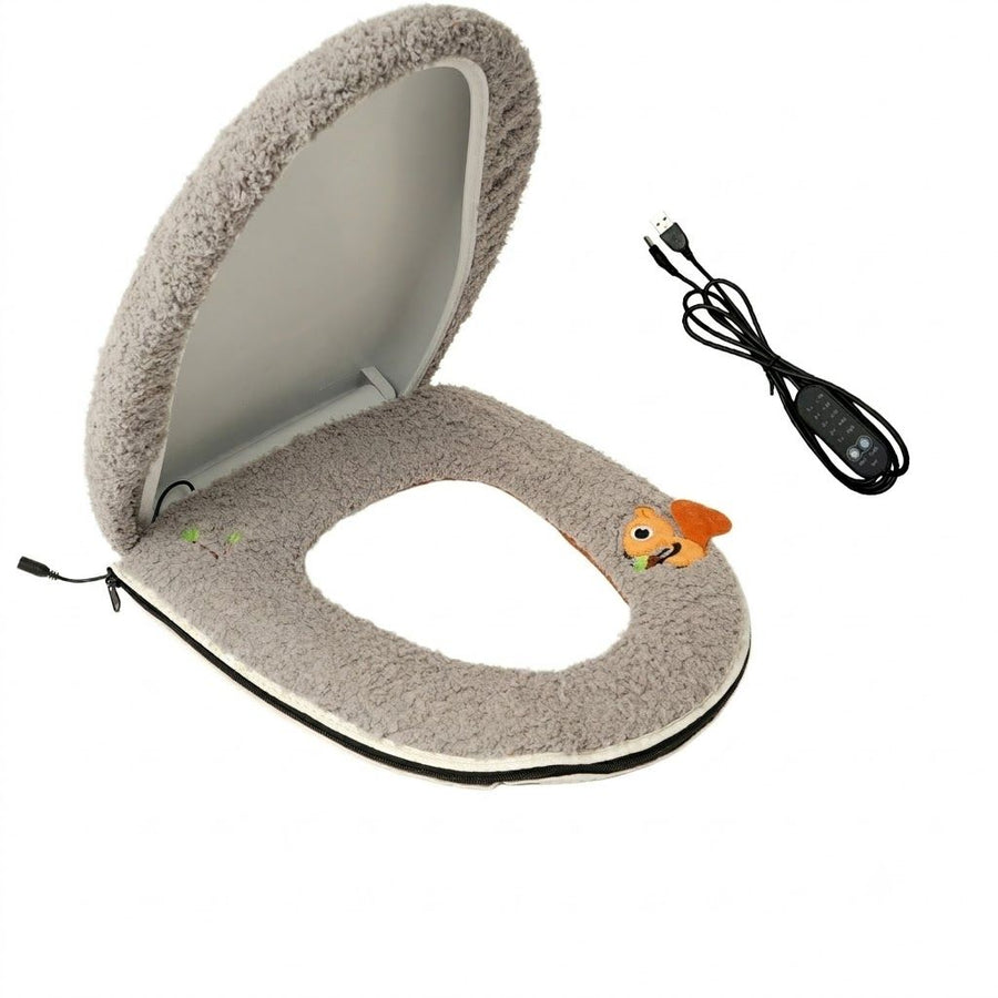 USB-Powered Heated Toilet Seat Cover Set with Soft Plush Fabric, Adjustable Temperature & Timer, Easy-to-Clean PU Leather Bottom, Suitable for Cold Season Home Use (Khaki)