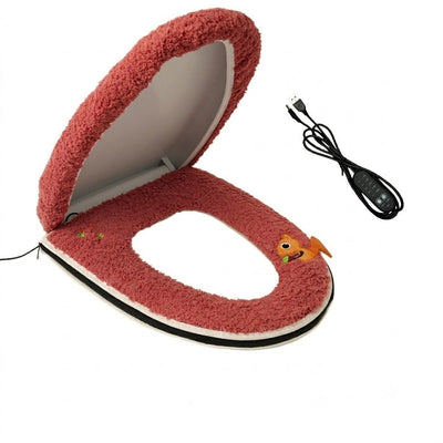 USB-Powered Heated Toilet Seat Cover Set with Soft Plush Fabric, Adjustable Temperature & Timer, Easy-to-Clean PU Leather Bottom, Suitable for Cold Season Home Use (Red)
