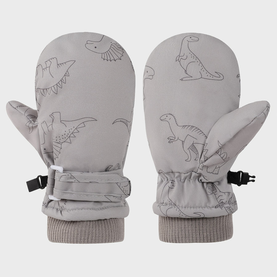 Kids' Dinosaur Patterned Warm Ski Mittens with Waterproof Shell, Adjustable Wrist Straps, and Anti-Loss Clip for Winter Outdoor Play, Snow, and Cold Weather Adventures (L, Grey)