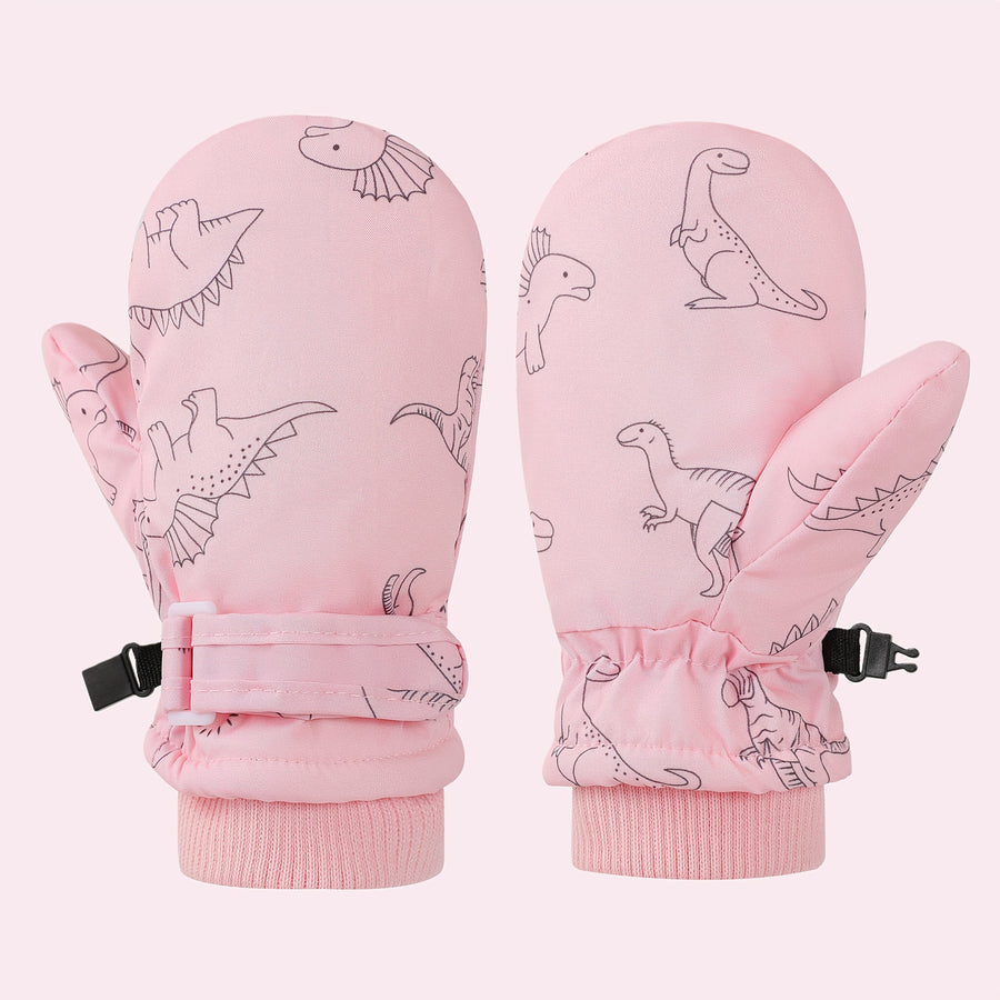 Kids' Dinosaur Patterned Warm Ski Mittens with Waterproof Shell, Adjustable Wrist Straps, and Anti-Loss Clip for Winter Outdoor Play, Snow, and Cold Weather Adventures (L, Pink)