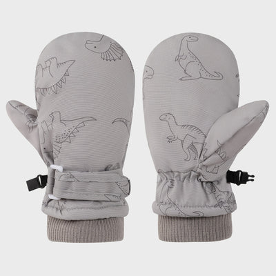 Kids' Dinosaur Patterned Warm Ski Mittens with Waterproof Shell, Adjustable Wrist Straps, and Anti-Loss Clip for Winter Outdoor Play, Snow, and Cold Weather Adventures (M, Grey)