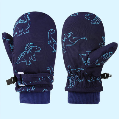 Kids' Dinosaur Patterned Warm Ski Mittens with Waterproof Shell, Adjustable Wrist Straps, and Anti-Loss Clip for Winter Outdoor Play, Snow, and Cold Weather Adventures (M, Navy)