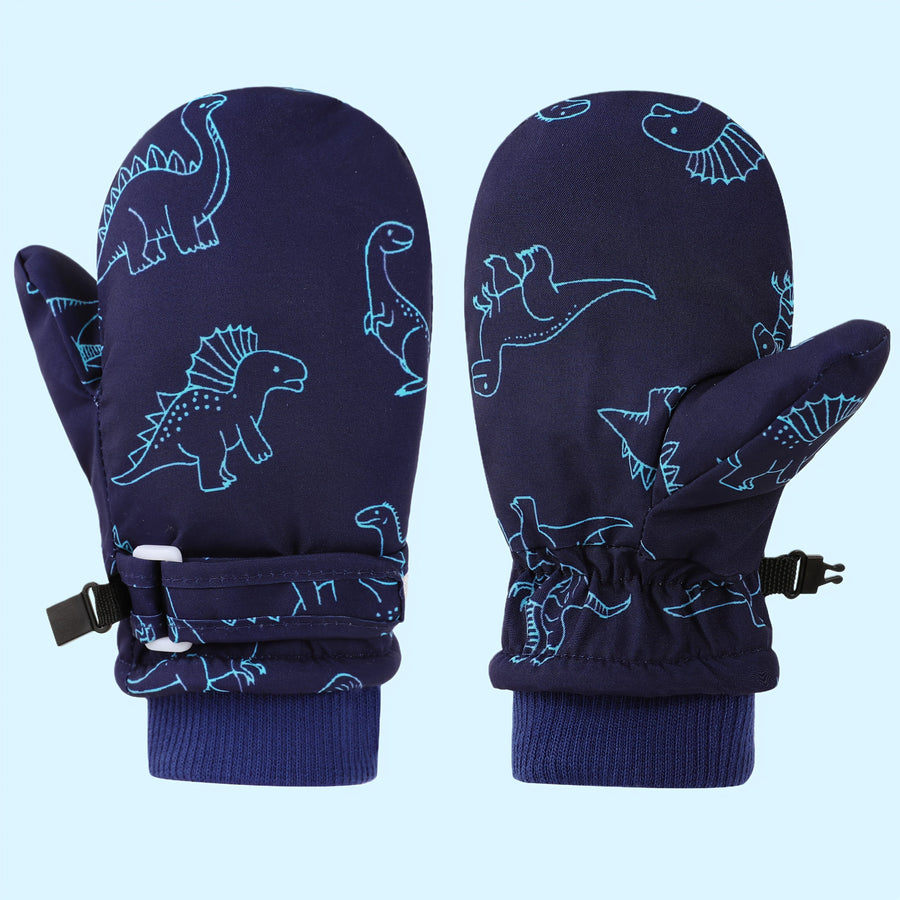 Kids' Dinosaur Patterned Warm Ski Mittens with Waterproof Shell, Adjustable Wrist Straps, and Anti-Loss Clip for Winter Outdoor Play, Snow, and Cold Weather Adventures (M, Navy)