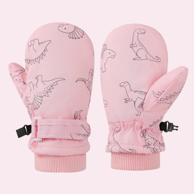 Kids' Dinosaur Patterned Warm Ski Mittens with Waterproof Shell, Adjustable Wrist Straps, and Anti-Loss Clip for Winter Outdoor Play, Snow, and Cold Weather Adventures (M, Pink)