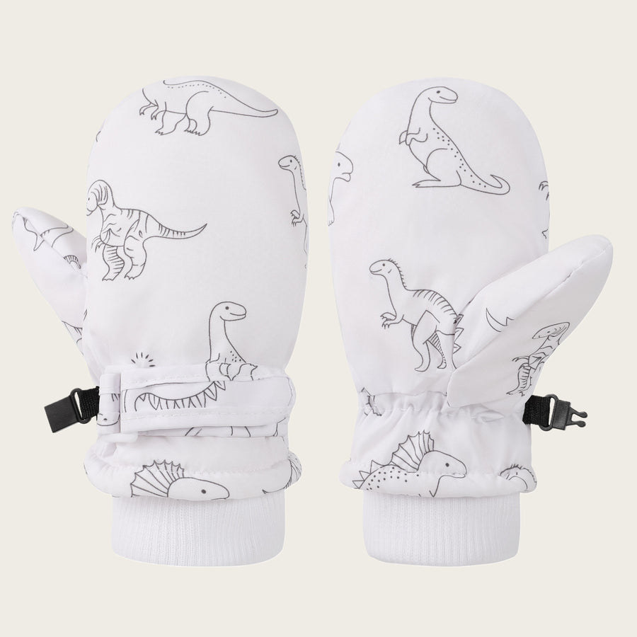 Kids' Dinosaur Patterned Warm Ski Mittens with Waterproof Shell, Adjustable Wrist Straps, and Anti-Loss Clip for Winter Outdoor Play, Snow, and Cold Weather Adventures (M, White)