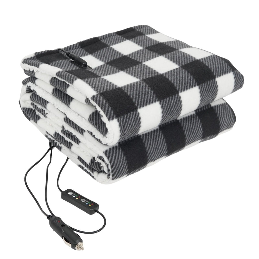 12V Car Electric Blanket for Cozy Winter Travel – Soft Fleece Heating Throw for Cars, Trucks, RVs, and Camping – Dual-Color Plaid Design with Warm Sherpa Lining – Portable, Safe, and Energy-Efficient (Black)