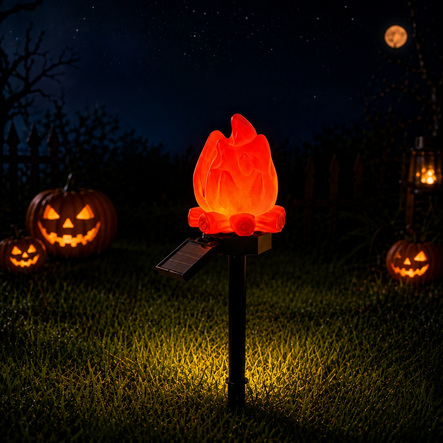 Halloween Solar Pathway Lights Set, 3 Spooky Designs Including Pumpkin with Witch Hat, Cute Ghost, and Faux Campfire, Warm Glow, Auto On/Off, Waterproof Solar Stake Lights for Outdoor Garden Yard Path Decor (Flame, 2PCS)