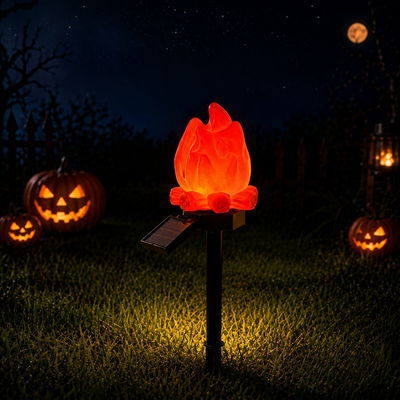 Halloween Solar Pathway Lights Set, 3 Spooky Designs Including Pumpkin with Witch Hat, Cute Ghost, and Faux Campfire, Warm Glow, Auto On/Off, Waterproof Solar Stake Lights for Outdoor Garden Yard Path Decor (Flame, 3PCS)