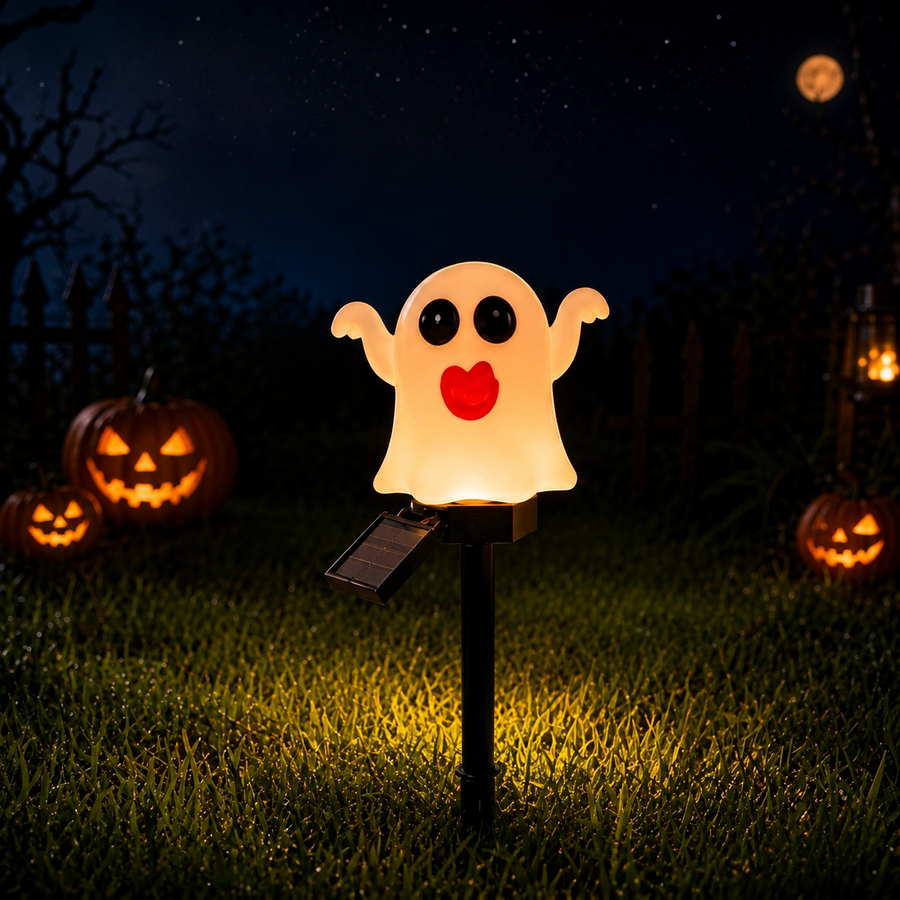 Halloween Solar Pathway Lights Set, 3 Spooky Designs Including Pumpkin with Witch Hat, Cute Ghost, and Faux Campfire, Warm Glow, Auto On/Off, Waterproof Solar Stake Lights for Outdoor Garden Yard Path Decor (Ghost, 3PCS)