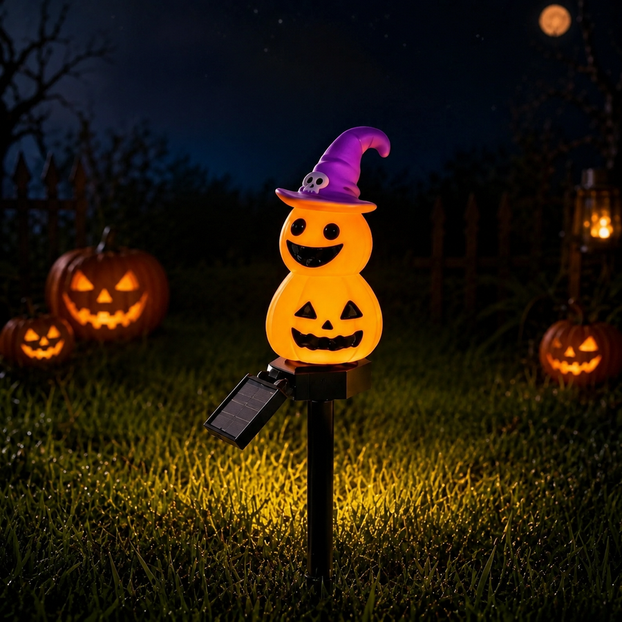 Halloween Solar Pathway Lights Set, 3 Spooky Designs Including Pumpkin with Witch Hat, Cute Ghost, and Faux Campfire, Warm Glow, Auto On/Off, Waterproof Solar Stake Lights for Outdoor Garden Yard Path Decor (Pumpkin, 1PCS)