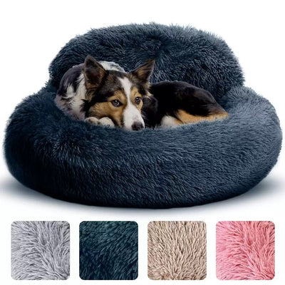 Cozy Plush Donut Pet Bed with Raised Rim, Washable Faux Fur Cat & Dog Couch, Winter Warm Supportive Nest for Small to Large Breeds (L, Navy)