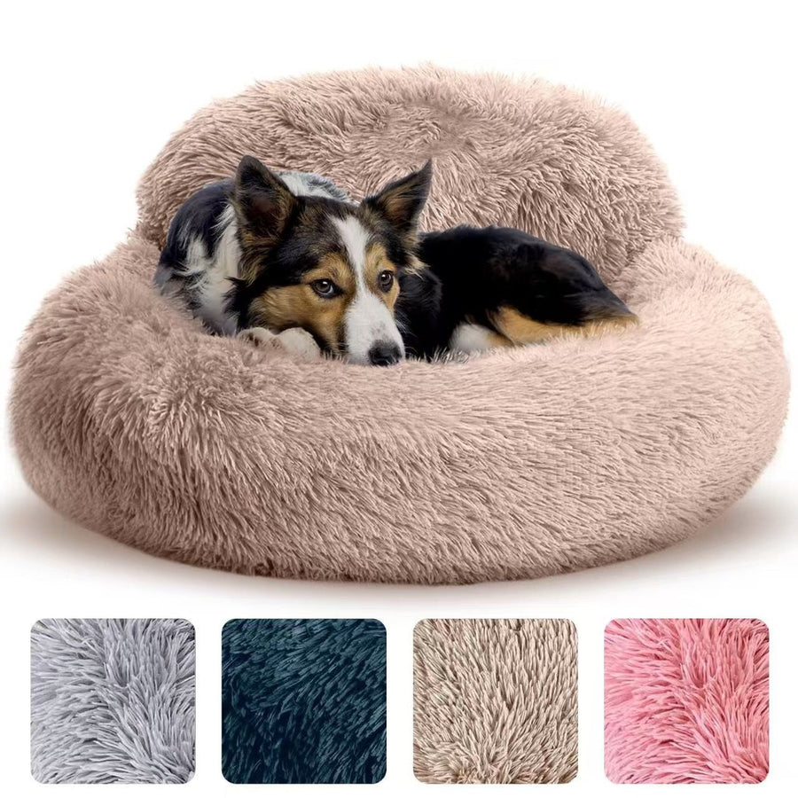 Cozy Plush Donut Pet Bed with Raised Rim, Washable Faux Fur Cat & Dog Couch, Winter Warm Supportive Nest for Small to Large Breeds (M, Brown)
