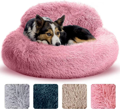 Cozy Plush Donut Pet Bed with Raised Rim, Washable Faux Fur Cat & Dog Couch, Winter Warm Supportive Nest for Small to Large Breeds (S, Pink)