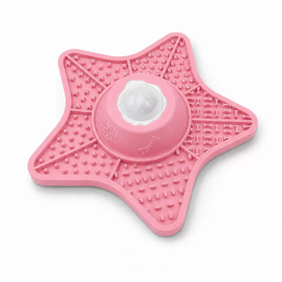 Innovative Two-in-One Star-Shaped Slow Feeder Lick Mat for All Breeds of Dogs and Cats – Our Original 5-Point Silicone Pad with Rolling Ball Insert Helps Prevent Choking, Reduces Anxiety, and Promotes Oral Health Through Extended Licking (Pink)