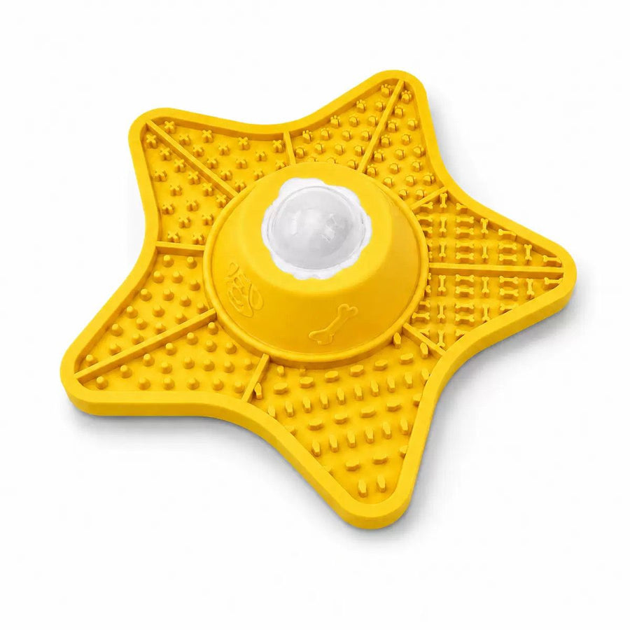 Innovative Two-in-One Star-Shaped Slow Feeder Lick Mat for All Breeds of Dogs and Cats – Our Original 5-Point Silicone Pad with Rolling Ball Insert Helps Prevent Choking, Reduces Anxiety, and Promotes Oral Health Through Extended Licking (Yellow)