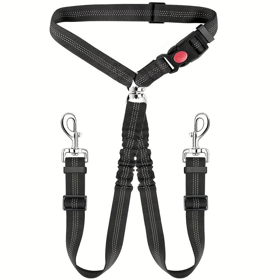 Dual-Head Pet Car Seat Belt with 360° Swivel Tangle-Free Leash for Two Dogs - Adjustable Safety Restraint for Car Travel and Outdoor Walking, Reflective Nylon Webbing (Black)