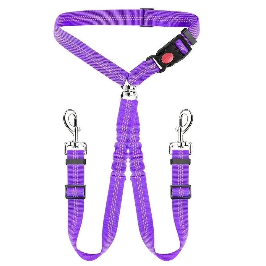 Dual-Head Pet Car Seat Belt with 360° Swivel Tangle-Free Leash for Two Dogs - Adjustable Safety Restraint for Car Travel and Outdoor Walking, Reflective Nylon Webbing (Purple)