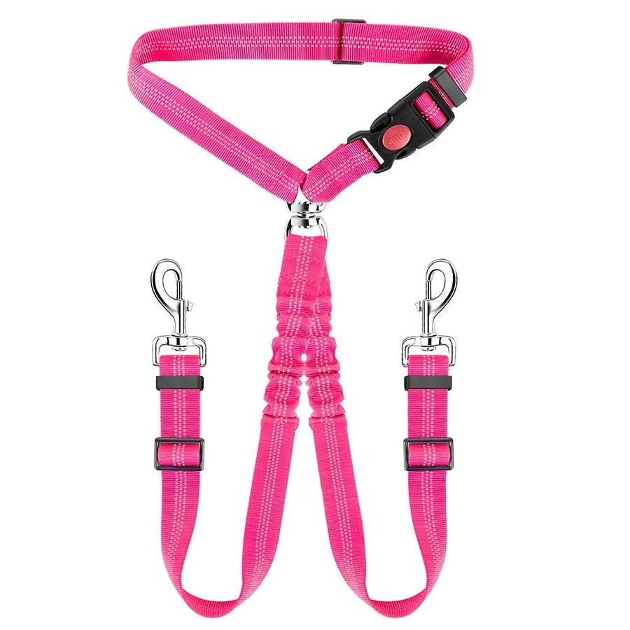 Dual-Head Pet Car Seat Belt with 360° Swivel Tangle-Free Leash for Two Dogs - Adjustable Safety Restraint for Car Travel and Outdoor Walking, Reflective Nylon Webbing (Rose)