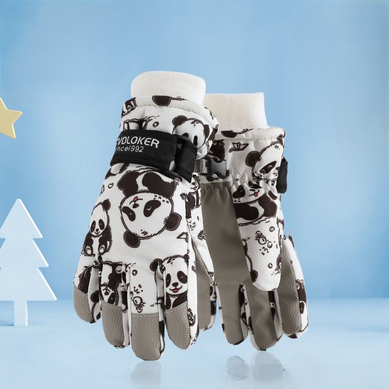 Waterproof Winter Snow Gloves for Kids with Touchscreen, Cartoon Print Design, Warm Fleece Lining, Adjustable Wrist Strap, Ideal for Skiing, Snowman Building, and Outdoor Play (M, White(Panda))