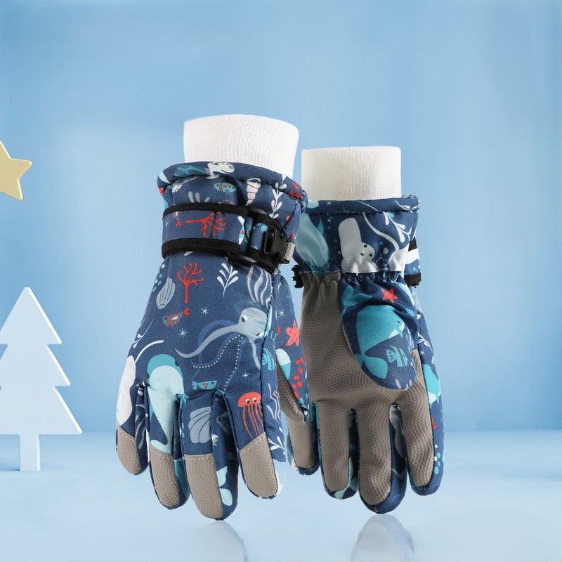 Waterproof Winter Snow Gloves for Kids with Touchscreen, Cartoon Print Design, Warm Fleece Lining, Adjustable Wrist Strap, Ideal for Skiing, Snowman Building, and Outdoor Play (S, Navy)