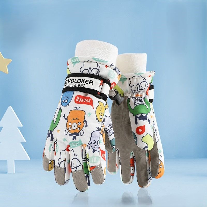 Waterproof Winter Snow Gloves for Kids with Touchscreen, Cartoon Print Design, Warm Fleece Lining, Adjustable Wrist Strap, Ideal for Skiing, Snowman Building, and Outdoor Play (S, White(Monster))