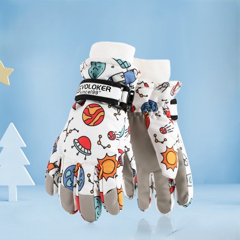Waterproof Winter Snow Gloves for Kids with Touchscreen, Cartoon Print Design, Warm Fleece Lining, Adjustable Wrist Strap, Ideal for Skiing, Snowman Building, and Outdoor Play (S, White(Space))