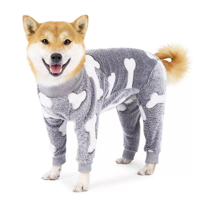 Cozy Winter Pet Fleece Four-Legged Bodysuit, Warm Flannel Full-Body Pajamas for Small to Medium Dogs, Star & Moon Print, Elastic Cuffs for Easy Wear (XL, Grey)