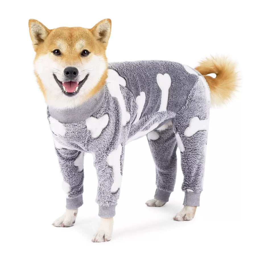 Cozy Winter Pet Fleece Four-Legged Bodysuit, Warm Flannel Full-Body Pajamas for Small to Medium Dogs, Star & Moon Print, Elastic Cuffs for Easy Wear (XS, Grey)