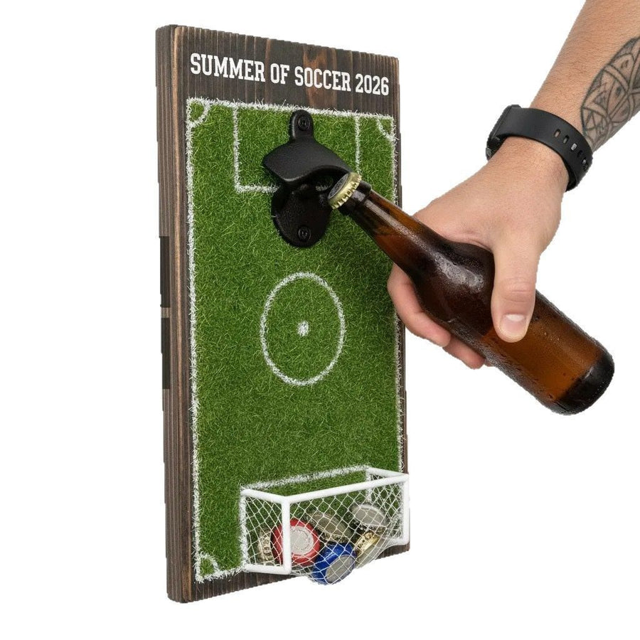 Wall-Mounted Soccer Field Bottle Opener with Goal Net Catcher – Football-Themed Bar Accessory for Game Room, Man Cave, Home Bar, or Outdoor Patio – Unique Gift for Soccer Fans (14.5*31cm)