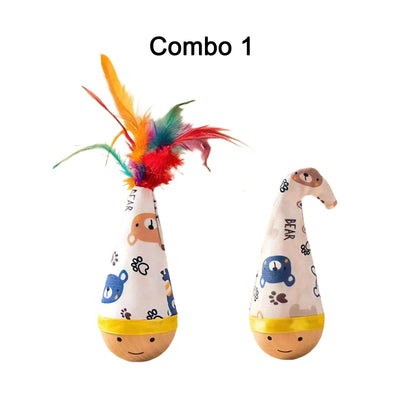 Self-Righting Pet Toy with Natural Wood Base and Durable Fabric Top, Featuring Feather Options and Playful Smile Design, Perfect for Indoor Cats and Small Dogs to Chase, Bat, and Enjoy Endless Fun. (Combo1)