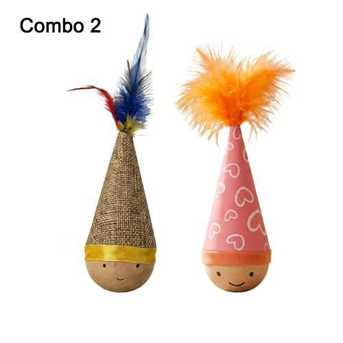 Self-Righting Pet Toy with Natural Wood Base and Durable Fabric Top, Featuring Feather Options and Playful Smile Design, Perfect for Indoor Cats and Small Dogs to Chase, Bat, and Enjoy Endless Fun. (Combo2)