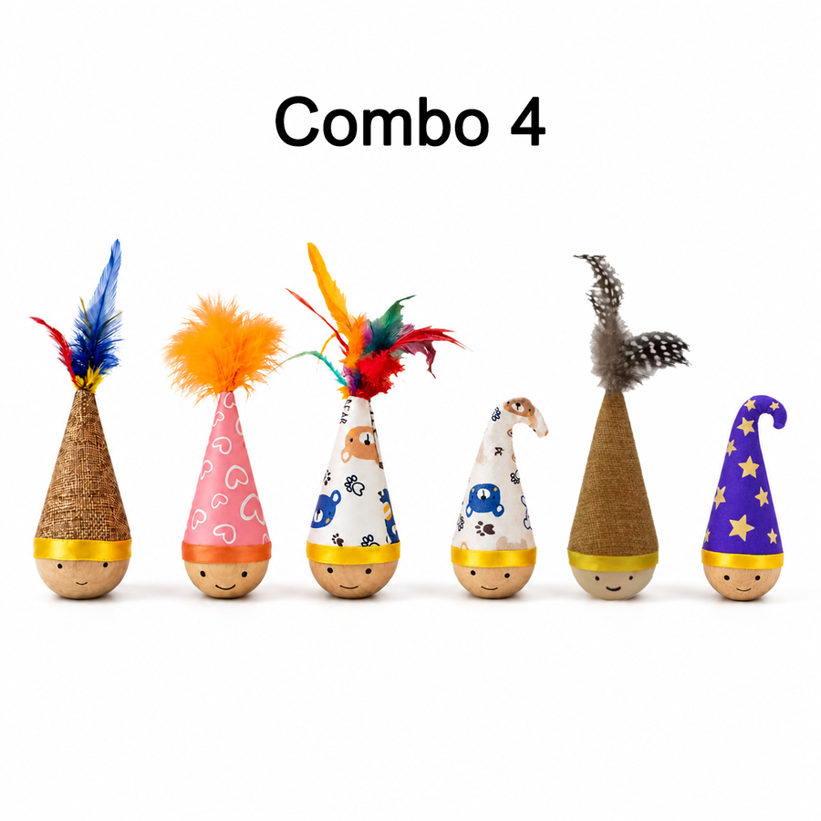 Self-Righting Pet Toy with Natural Wood Base and Durable Fabric Top, Featuring Feather Options and Playful Smile Design, Perfect for Indoor Cats and Small Dogs to Chase, Bat, and Enjoy Endless Fun. (Combo4(6in1))